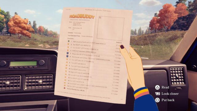 Screenshot of the game Open Roads where Tess is holding up and looking at a direction list from a website titled Roadbuddy.