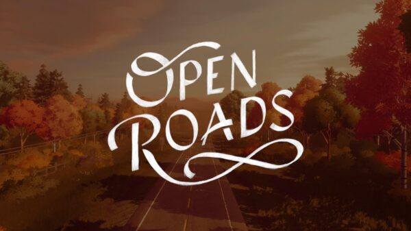 Screenshot of the game Open Roads. Screenshot shows the Open Roads logo with a scenic highway behind it with autumn foliage along the sides.