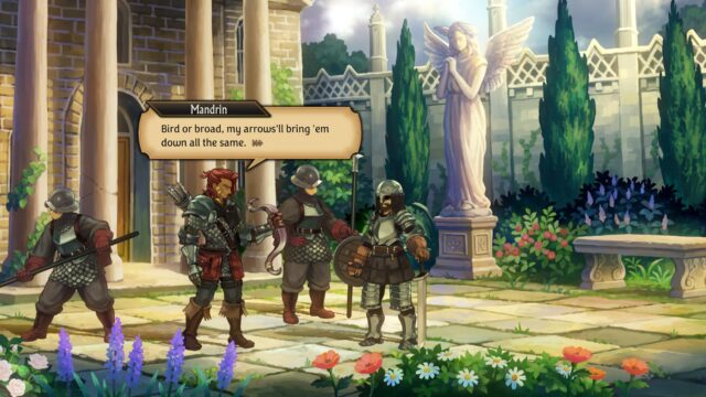 A screenshot from the game Unicorn Overlord. Mandrin, an archer, is saying, "Bird or broad, my arrows'll bring 'em down all the same."