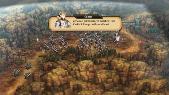 A screenshot from the game Unicorn Overlord. The screenshot shows several units on the overlord map behind several barricades. Gilbert is talking over them and says, "Zenoira's primary force marches from Castle Soldraga, to the northeast. 