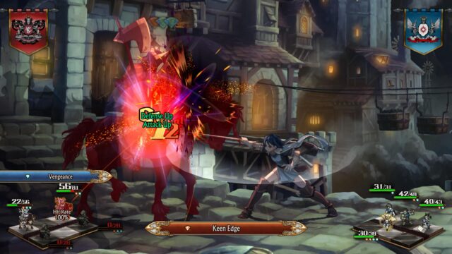 A screenshot from the game Unicorn Overlord. The character Leah is attacking a dark knight and dealing a critical hit of 12 damage which kicks off a butt for the enemy improving their Defense and Attack.