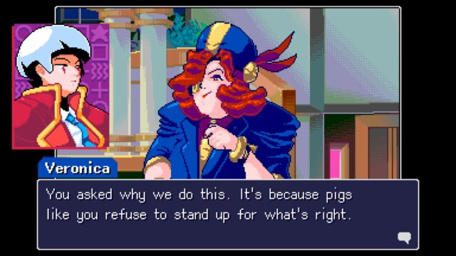 Screenshot of the game Read Only Memories: Neurodiver. The screenshot shows Lexi speaking to the train conductor, Veronica. Veronica is saying, "You asked why we do this. It's because pigs like you refuse to stand up for what's right." ACAB