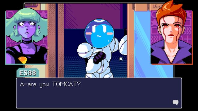 A screenshot from the game Read Only Memories: Neurodiver. The screenshot shows ES88 and GATE in boxes flanking Turing who appears to be pointing at the camera a little confused. ES88 is saying, "A-are you TOMCAT?"