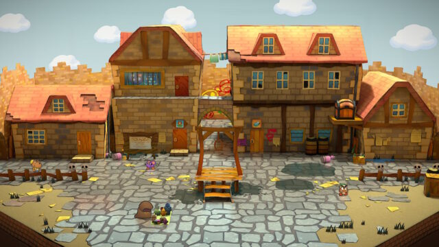 A screenshot from the game Paper Mario: The Thousand-Year Door. The screenshot shows a wide-angle view of Rogueport, the first city Mario visits in the game.