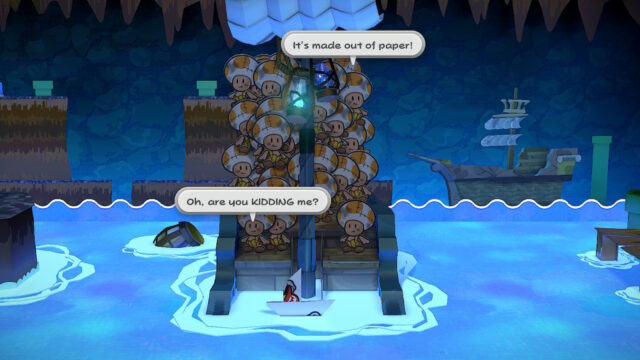 Screenshot from the game Paper Mario: The Thousand-Year Door. The screenshot shows a bunch of toads stranded on a sinking ship. One toad is lamenting that the little ship that's come to save them is made out of paper. The other is saying, "Oh, are you KIDDING me?"