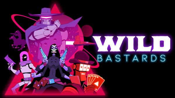 Key Art for the game Wild Bastards. Image depics Casino, Spider Rosa, and Judge standing in front of a planet with the logo to the right.