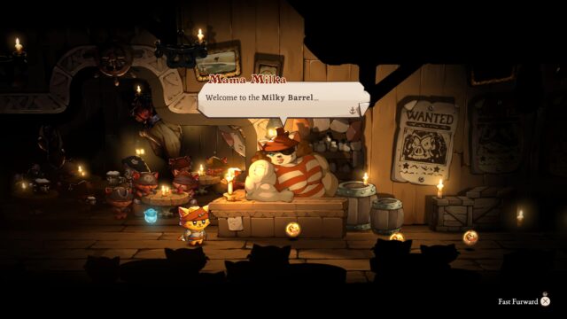 Screenshot of the game Cat Quest III. In the screenshot Mama Milka is looming over her counter welcoming the hero to the Milky Barrel.