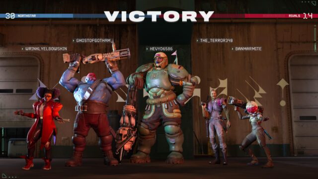 Screenshot of the game Concord. Screenshot shows the victory screen with all five freegunners standing in their victory pose with the words VICTORY above them in the center.