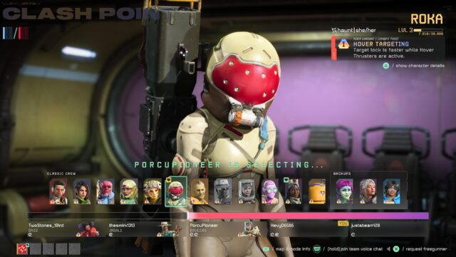 Screenshot of the game Concord showing the freegunner selection page in-game. The player is currently waiting their turn and has selected the intention to pick Roka.