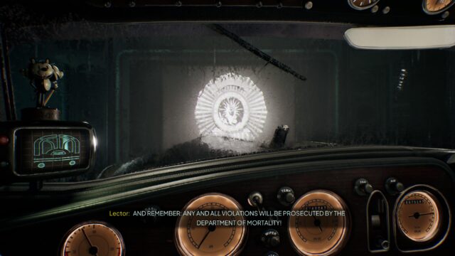 Screenshot from the game “Nobody Wants to Die”. The screenshot is shown from the first person perspective and shows a screen with the message: "And remember: All violations will be punished by the Death Data Office!" 
