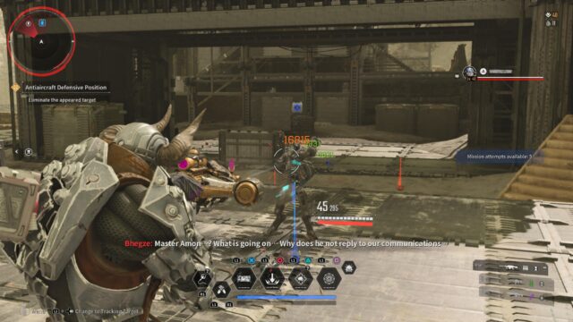 A screenshot from the game The First Descendant. Ajax i sfiring his weapon at a Vulgus in front of him. Bhegze is saying, "Master Amon ...? What is going on... Why does he not reply to our communications..."