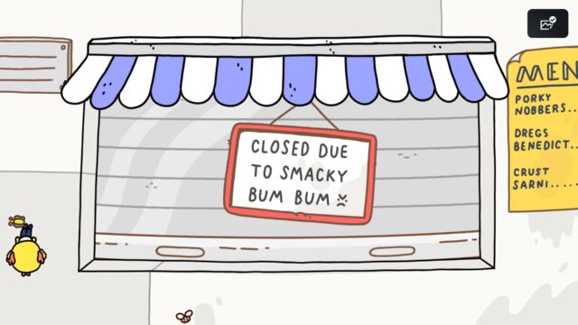 Screenshot from the game Thank Goodness You're Here! The image is of a food truck that has closed it's window shutters so hard that it's knocked the player character off the counter. A sign hanging from the awning reads, "Closed due to smacky bum bum >:("