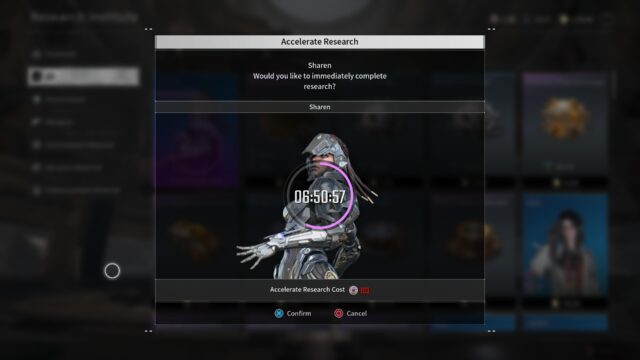 A screenshot of the game The First Descendant. The screenshot shows a prompt to accelerate research of the Descendant Sharen with premium currency. The research has six hours and fifty minutes left.