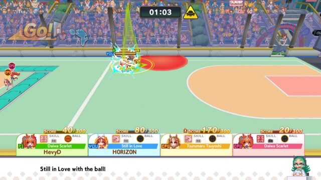 Screenshot from the game Umamusume: Pretty Derby - Party Dash where two characters are fighting over the ball on a basketball court.