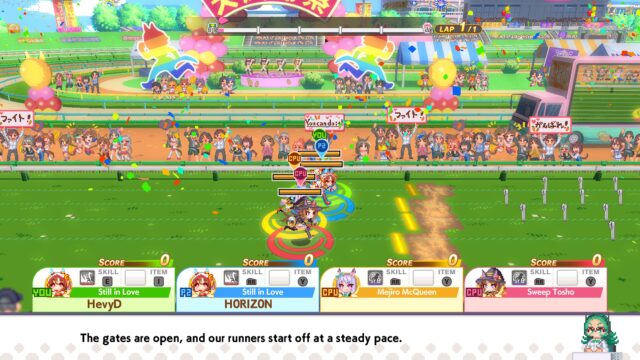 Screenshot from the game Umamusume: Pretty Derby - Party Dash where all four players are running along a track with an obstacle coming up. The text reads, "The gates are open, and our runners start off at a steady pace."