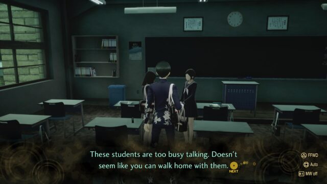 Screenshot from the game Shin Megami Tensei V, the screenshot shows several students talking and reads, "These students are too busy talking. Doesn't seem like you can walk home with them."