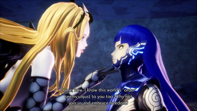 Screenshot from the game Shin Megami Tensei V: Vengeance. Screenshot shows Naamah, a member of the Qadištu holding Nahobino's chin. The text reads, "Come, now. I know this world's "order" seems unjust to you too. Why not join us and embrace freedom?"