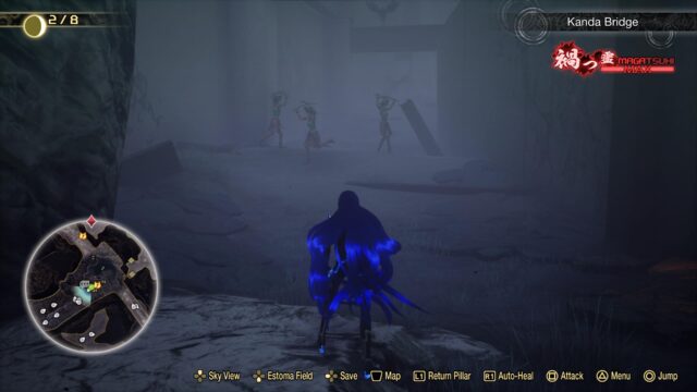 Screenshot from the game Shin Megami Tensei V: Vengeance. The screenshot shows the Nahobino looking at an underpass full of demons.