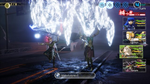 Screenshot of the game Shin Megami Tensei V: Vengeance. The screenshot shows a battle where Cleopatra is casting Mabufudyne on the entire enemy team.