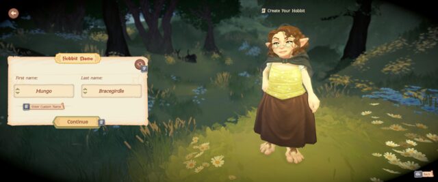 Screenshot from the game Tales of the Shire: A The Lord of the Rings Game. The screenshot shows a female hobbit with pointy ears, curly brown hair, a yellow blouse, a burlap skirt, and small reading specs. Her name is Mungo Bracegirdle.