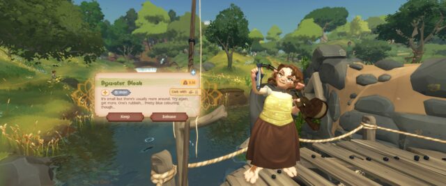 Screenshot from the game Tales of the Shire: A The Lord of the Rings Game. In the screenshot, Mungo Roper is holding a fish she caught, a Bywater Bleak, and looking at it with her fishing pole resting on her left shoulder. The Bywater Bleak is 3.56lbs and the description says, "It's small but there's usually more around. Try again, get more. One's rubbish... Pretty blue colouring, though..."