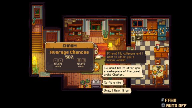 Screenshot from the game Bloomtown: A Different Story. The screenshot shows a conversation tree where Emily can use her charm to sway a conversation in her favor. The charm window shows she has a 58% chance of succeeding.