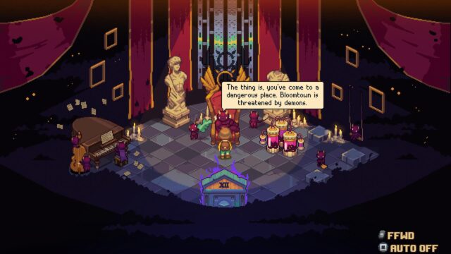 Screenshot from the game Bloomtown: A Different Story. The screenshot shows lucifer sitting on his throne explaining to EMily that Bloomtown is threatened by demons.