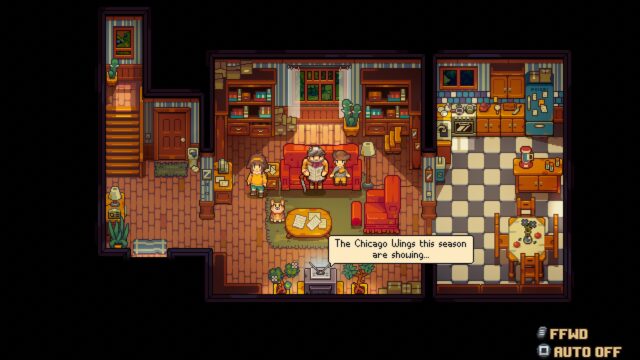 Screenshot from the game Bloomtown: A Different Story. The screenshot shows the family and Hugo watching television. The television says, "The Chicago WIngs this season are showing..."