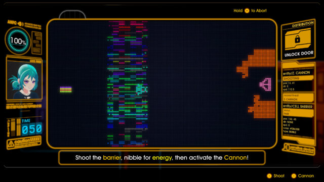 Screenshot of the game Yars Rising. The screenshot shows the hacking mini-game where Emi is saying "Shoot the barrier, nibble for energy, then activate the Cannon!"