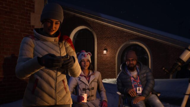 Screenshot of the game Life is Strange: Double Exposure. In the screenshot, Safi, Max, and Moses are all together on the rooftop of a school building. Safi is holding a camera and Max is holding a coffee cup.