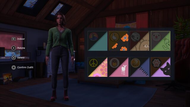 Screenshot of the game Life is Strange: Double Exposure. In the screenshot, Max is standing still with an option of eight outfits next to her the player can choose.