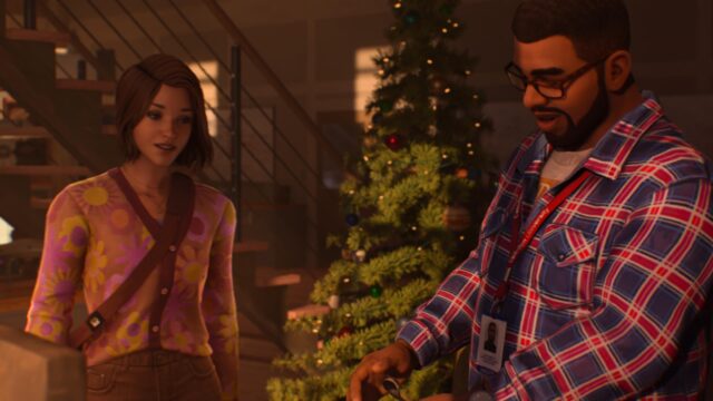 A screenshot of the game Life is Strange: Double Exposure. In the screenshot, Max and Moses are smiling at something near a Christmas tree in Moses' office.