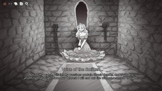 Screenshot from teh game Slay the Princess - The Pristine Cut. In the screenshot, the princess has a smile on her face and her eyes closed while sitting on the floor. The Voice of the Smitten says, "Not on my watch, villain! My passions contain titanic depths, and if you try anything that might harm our dearest I will end our life without a second thought."