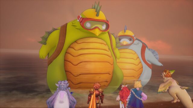 Screenshot from the video game Visions of Mana. In the screenshot, two Vaclavs are standing over the party looking down on them as the party looks up. Vaclav is a turtle-like sea-creature that acts as a boat for the party.