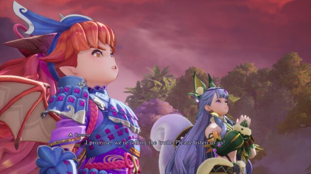 Screenshot from the video game Visions of Mana. In the screenshot, Palamena and Careena are looking up to the sky and Careena is saying, "I promise, we're telling the truth! Please listen to us!"