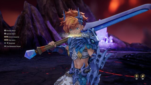 Screenshot from the video game Visions of Mana. The screenshot shows Val the happy himbo smiling at the camera with a "YOU WON" placard blasted across the screen. Val has his sword resting on his shoulder and his armor gives us a new view of his ridiculously shredded abs.