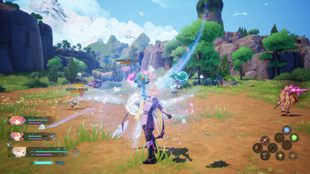 Screenshot from the video game Visions of Mana. The screenshot shows Morley casting a water spell against a Needlebeak.