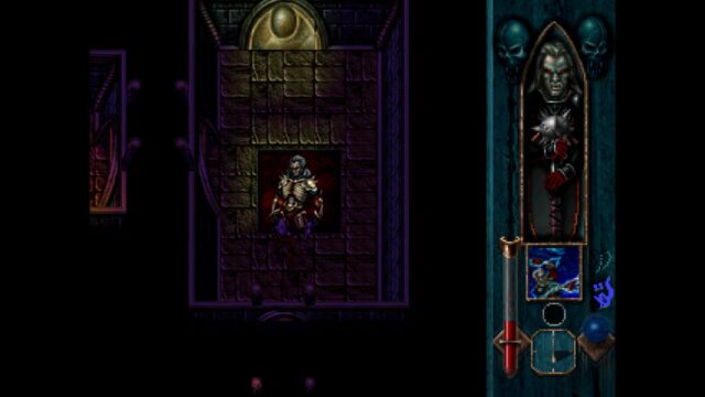 Screenshot from the game Blood Omen: Legacy of Kain. In the screenshot, Kain is standing on a portrait of himself wearing bone armor. His health is relatively low.