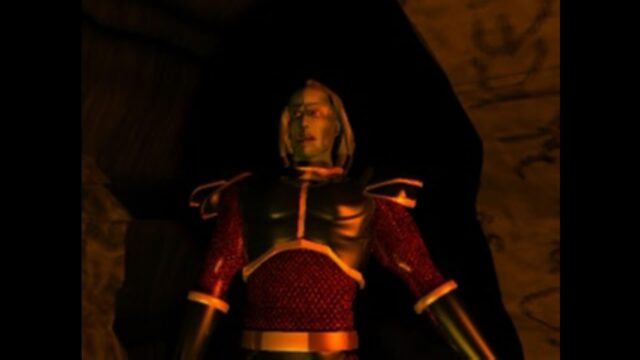 Screenshot from the game Blood Omen: Legacy of Kain. The screenshot is of an FMV cut-scene where Kain looks surprised.