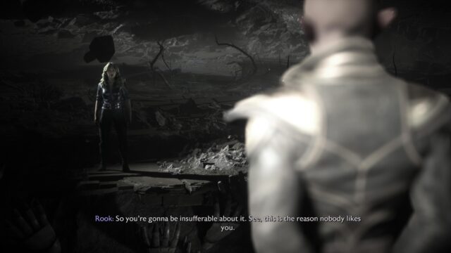 A screenshot from the game Dragon Age: The Veilguard. In the screenshot, Rook is speaking to Solas. She says, "So you're gonna be insufferable about it. See, this is the reason nobody likes you."