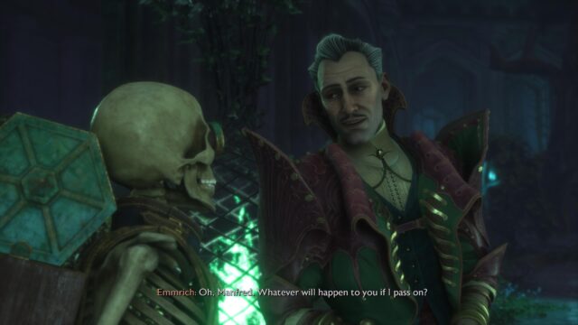 A screenshot from the game Dragon Age: The Veilguard. The screenshot shows Emmrich looking at Manfred, his wisp companion, and saying, "Oh, Manfred. Whatever will happen to you if I pass on?"