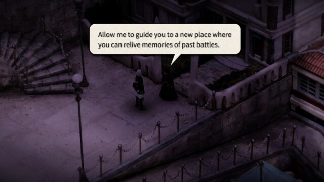 Screenshot from the game Fantasian Neo Dimension. The Screenshot shows Leo speaking to a person blocking the entrance to his home. The person says, "Allow me to guide you to a new place where you can relive memories of past battles."