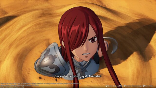 Screenshot from the game Fairy Tail 2. The screenshot shows Erza stuck in a pool of sand. Ajeel is speaking and says, "Sucks to be you guys! Ahahaha!"