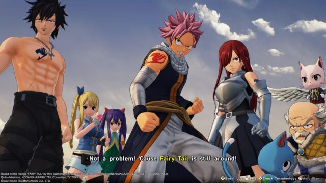 Screenshot from the game Fairy Tail 2. The screenshot shows the members of Fairy Tail behind Natsu who is saying, "Not a problem! 'Cause Fairy Tail is still around!"