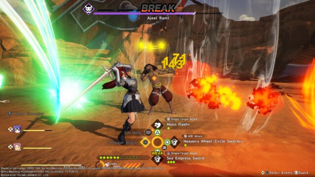 Screenshot from the game Fairy Tail 2. The screenshot shows a battle between Erza and Ajeel where Erza is slashing her sword against him.