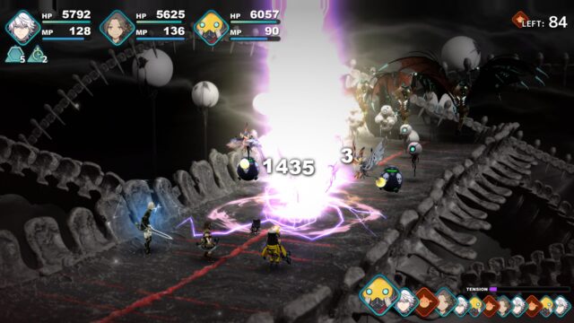 Screenshot of the video game Fantasian Neo Dimension. In the screenshot, Leo, Ez, and Prickle are up against a lot of baddies. Prickle has used his Lightning ability and it's coursing through the horde.