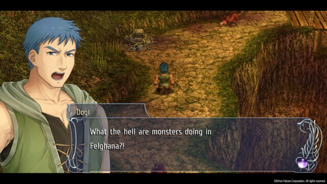 Screenshot from the game Ys Memoire: The Oath in Felghana. Dogi and Adol have run into a monster and Dogi is saying, "What the hell are monsters doing in Felghana?!"