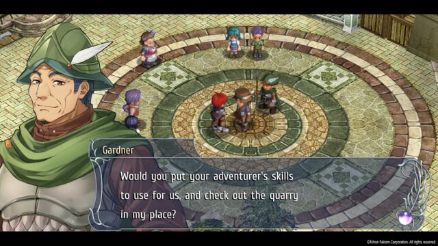 Screenshot from the game Ys Memoire: The Oath in Felghana. The screenshot shows a bunch of people standing around the town square. Gardner is saying, "Would you put your adventurer's skills to use for us, and check out the quarry in my place?"