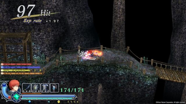 Screenshot from the game Ys Memoire: The Oath in Felghana. In the screenshot, Adol is slashing at some monsters.