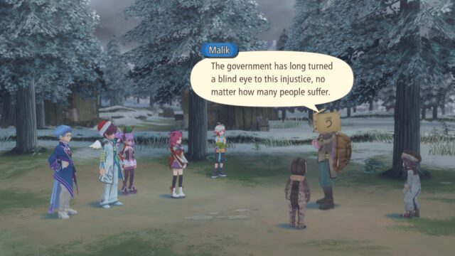 Screenshot from the game Tales of Graces f Remastered. Malik is addressing the group as well as some children saying, "The government has long turned a blind eye to this injustice, no matter how many people suffer."